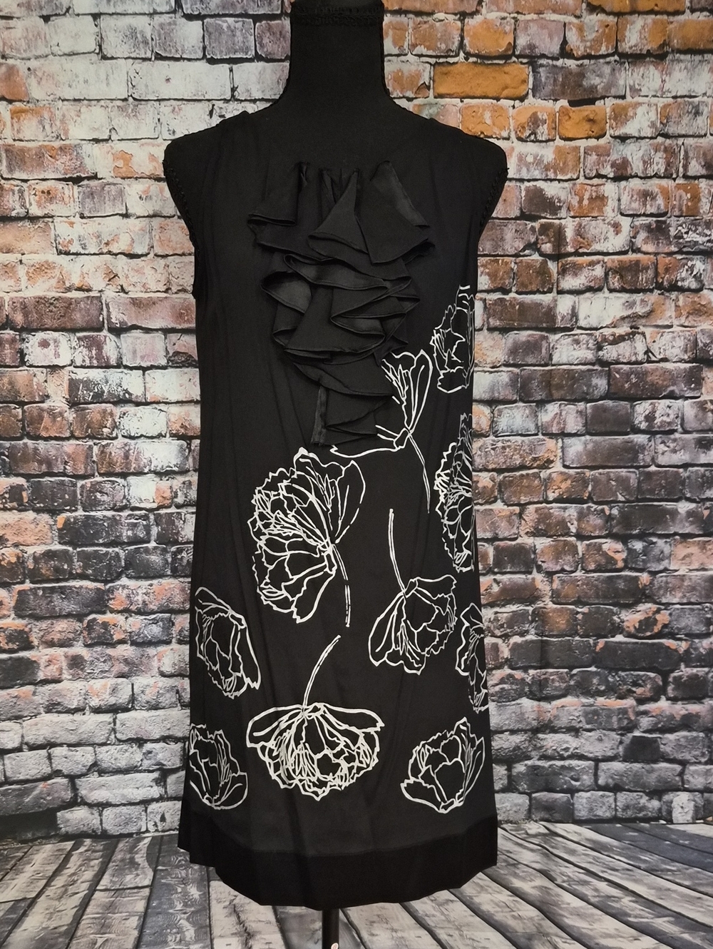 Hale Bob Silk Black Midi Dress with White Floral Outline and Front Ruffle
